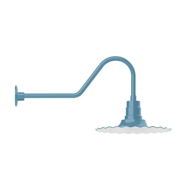 Our outdoor wall lights, inspired by 1920's industrial lighting, in classic gooseneck arm styles are great for use as sign or awning lights, garage or barn lights. This vintage look works well indoors also, our smallest sizes will illuminate a restaurant menu board, bookcase, or shelving unit. The Radial Shade is fluted to allow water to flow off its surface, suitable for seaside and non-seaside locales. Collection: Radial Finish: Light Blue Glass: Clear Glass with Cast Guard Notes: Option (1) A19 LED and 3-Integrated 8W, 10W, 15W Width: 16.00" Height: 17.00" Length: 35.00" Weight: 5.00 lb Extension from Wall: 35.00" Canopy: 4.625" diameter Number of Bulbs: 1 Maximum Wattage: 100.00 W Bulb Type: A19 Bulb Base: E26 Medium Light Source: Incandescent or LED equivalent Dimmable Voltage: 120.00 V Country of Origin: US Safety Listing: UL/cUL Safety Rating: Wet Dark Sky LED Manufacturer Warranty: 1-year limited warranty on the fixture.