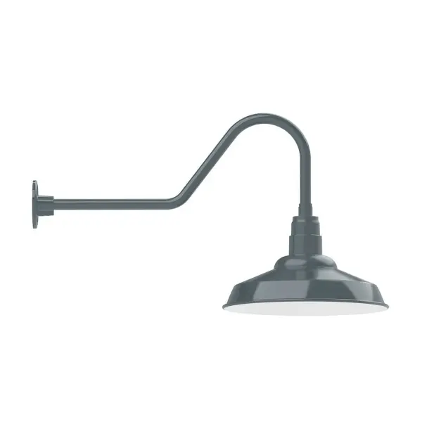 Our outdoor wall lights, inspired by 1920's industrial lighting, in classic gooseneck arm styles are great for use as sign or awning lights, garage or barn lights. This vintage look works well indoors also, our smallest sizes will illuminate a restaurant menu board, bookcase, or shelving unit. The Warehouse shade is our most popular shade style, and we offer in a large variety of sizes. Collection: Warehouse Finish: Slate Gray Glass: Clear Glass with Cast Guard Notes: Option (1) A19 LED and Integrated LED Width: 16.00" Height: 19.00" Length: 34.50" Weight: 5.00 lb Extension from Wall: 34.50" Canopy: 4.625" diameter Number of Bulbs: 1 Maximum Wattage: 100.00 W Bulb Type: A19 Bulb Base: E26 Medium Light Source: Incandescent or LED equivalent Dimmable Voltage: 120.00 V Country of Origin: US Safety Listing: UL/cUL Safety Rating: Wet Dark Sky LED Manufacturer Warranty: 1-year limited warranty on the fixture.