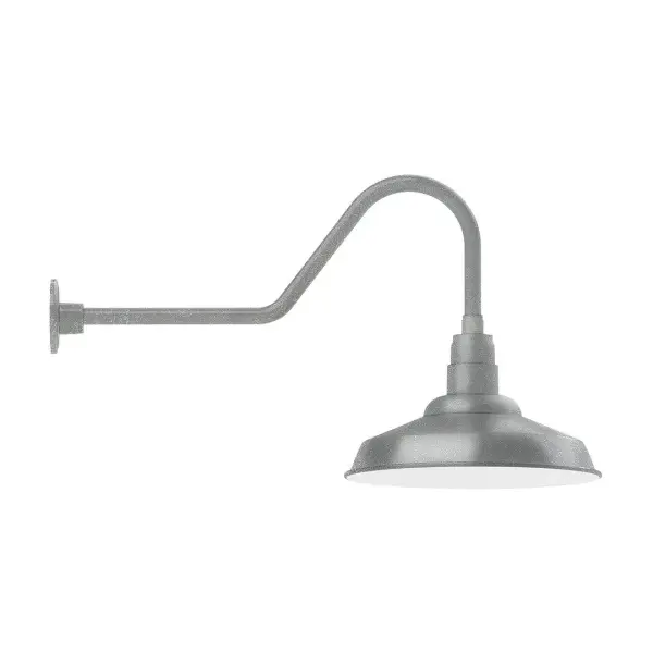 Our outdoor wall lights, inspired by 1920's industrial lighting, in classic gooseneck arm styles are great for use as sign or awning lights, garage or barn lights. This vintage look works well indoors also, our smallest sizes will illuminate a restaurant menu board, bookcase, or shelving unit. The Warehouse shade is our most popular shade style, and we offer in a large variety of sizes. Collection: Warehouse Finish: Painted Galvanized Glass: 16 inch Warehouse Width: 16.00" Height: 19.00" Length: 34.50" Weight: 5.00 lb Extension from Wall: 34.50" Canopy: 4.625" diameter Number of Bulbs: 1 Maximum Wattage: 15.00 W Light Source: LED Light Output: 1200.00 lm Color Temperature: 3000 K CRI: 90 Dimmable Rated Average Life: 50,000 Voltage: 120.00 V Country of Origin: US Safety Listing: UL/cUL Safety Rating: Wet Dark Sky LED Manufacturer Warranty: 1-year limited warranty on the fixture.