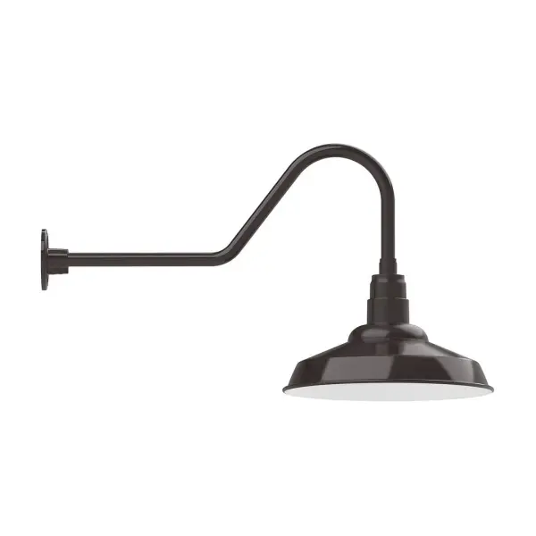 Our outdoor wall lights, inspired by 1920's industrial lighting, in classic gooseneck arm styles are great for use as sign or awning lights, garage or barn lights. This vintage look works well indoors also, our smallest sizes will illuminate a restaurant menu board, bookcase, or shelving unit. The Warehouse shade is our most popular shade style, and we offer in a large variety of sizes. Collection: Warehouse Finish: Architectural Bronze Glass: Clear Glass with Cast Guard Notes: Option (1) A19 LED and Integrated LED Width: 16.00" Height: 19.00" Length: 34.50" Weight: 5.00 lb Extension from Wall: 34.50" Canopy: 4.625" diameter Number of Bulbs: 1 Maximum Wattage: 100.00 W Bulb Type: A19 Bulb Base: E26 Medium Light Source: Incandescent or LED equivalent Dimmable Voltage: 120.00 V Country of Origin: US Safety Listing: UL/cUL Safety Rating: Wet Dark Sky LED Manufacturer Warranty: 1-year limited warranty on the fixture.