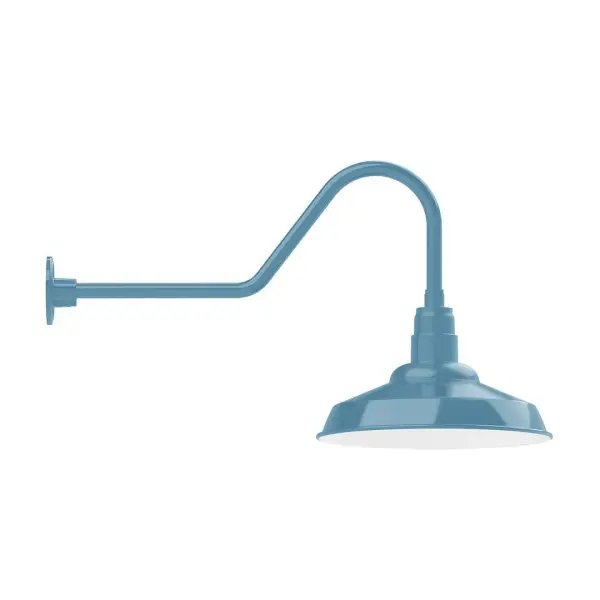 Our outdoor wall lights, inspired by 1920's industrial lighting, in classic gooseneck arm styles are great for use as sign or awning lights, garage or barn lights. This vintage look works well indoors also, our smallest sizes will illuminate a restaurant menu board, bookcase, or shelving unit. The Warehouse shade is our most popular shade style, and we offer in a large variety of sizes. Collection: Warehouse Finish: Light Blue Glass: Clear Glass with Cast Guard Width: 16.00" Height: 19.00" Length: 34.50" Weight: 5.00 lb Extension from Wall: 34.50" Canopy: 4.625" diameter Number of Bulbs: 1 Maximum Wattage: 15.00 W Light Source: LED Light Output: 1200.00 lm Color Temperature: 2700 K CRI: 90 Dimmable Rated Average Life: 50,000 Voltage: 120.00 V Country of Origin: US Safety Listing: UL/cUL Safety Rating: Wet Dark Sky LED Manufacturer Warranty: 1-year limited warranty on the fixture.