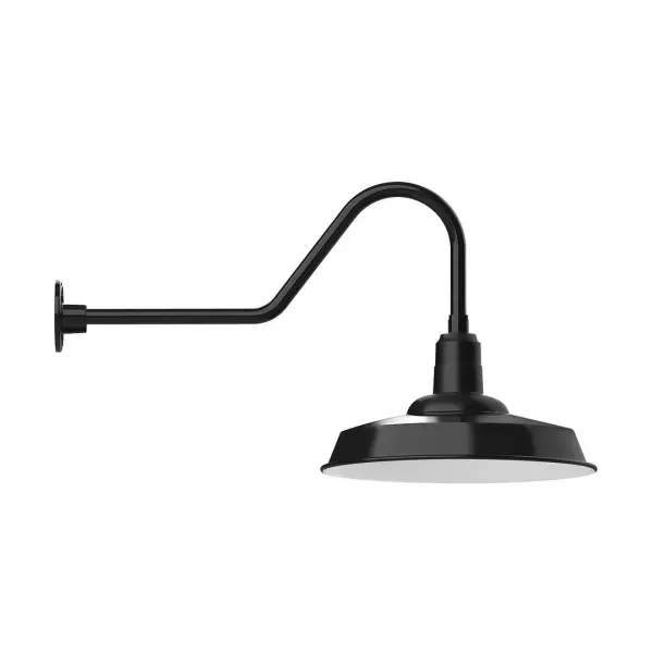 Our outdoor wall lights, inspired by 1920's industrial lighting, in classic gooseneck arm styles are great for use as sign or awning lights, garage or barn lights. This vintage look works well indoors also, our smallest sizes will illuminate a restaurant menu board, bookcase, or shelving unit. The Warehouse shade is our most popular shade style, and we offer in a large variety of sizes. Collection: Warehouse Finish: Black Glass: Clear Glass with Cast Guard Notes: Option (1) A19 LED and Integrated LED Width: 18.00" Height: 19.25" Length: 35.50" Weight: 5.00 lb Extension from Wall: 35.50" Canopy: 4.625" diameter Number of Bulbs: 1 Maximum Wattage: 100.00 W Bulb Type: A19 Bulb Base: E26 Medium Light Source: Incandescent or LED equivalent Dimmable Voltage: 120.00 V Country of Origin: US Safety Listing: UL/cUL Safety Rating: Wet Dark Sky LED Manufacturer Warranty: 1-year limited warranty on the fixture.