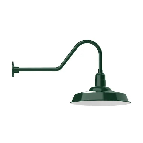 Our outdoor wall lights, inspired by 1920's industrial lighting, in classic gooseneck arm styles are great for use as sign or awning lights, garage or barn lights. This vintage look works well indoors also, our smallest sizes will illuminate a restaurant menu board, bookcase, or shelving unit. The Warehouse shade is our most popular shade style, and we offer in a large variety of sizes. Collection: Warehouse Finish: Forest Green Glass: 18 inch Warehouse Width: 18.00" Height: 19.25" Length: 35.50" Weight: 5.00 lb Extension from Wall: 35.50" Canopy: 4.625" diameter Number of Bulbs: 1 Maximum Wattage: 15.00 W Light Source: LED Light Output: 1200.00 lm Color Temperature: 2700 K CRI: 90 Dimmable Rated Average Life: 50,000 Voltage: 120.00 V Country of Origin: US Safety Listing: UL/cUL Safety Rating: Wet Dark Sky LED Manufacturer Warranty: 1-year limited warranty on the fixture.