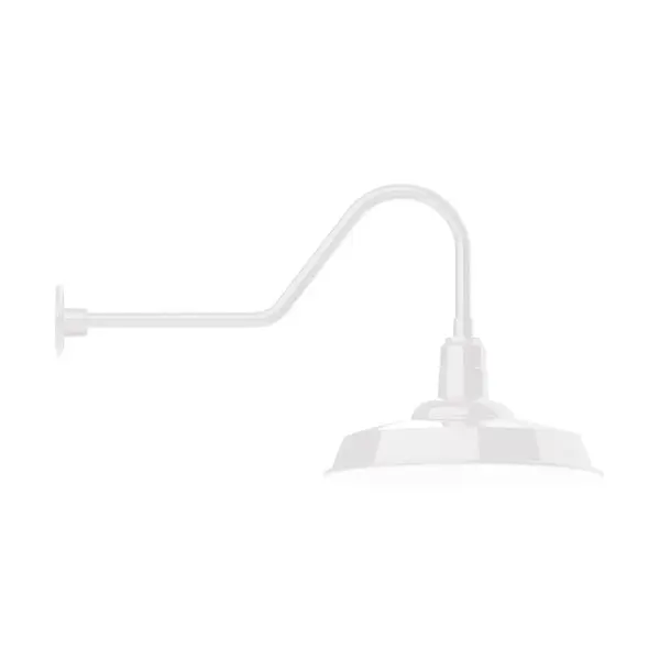 Our outdoor wall lights, inspired by 1920's industrial lighting, in classic gooseneck arm styles are great for use as sign or awning lights, garage or barn lights. This vintage look works well indoors also, our smallest sizes will illuminate a restaurant menu board, bookcase, or shelving unit. The Warehouse shade is our most popular shade style, and we offer in a large variety of sizes. Collection: Warehouse Finish: White Glass: 18 inch Warehouse Notes: Option (1) A19 LED and Integrated LED Width: 18.00" Height: 19.25" Length: 35.50" Weight: 5.00 lb Extension from Wall: 35.50" Canopy: 4.625" diameter Number of Bulbs: 1 Maximum Wattage: 100.00 W Bulb Type: A19 Bulb Base: E26 Medium Light Source: Incandescent or LED equivalent Dimmable Voltage: 120.00 V Country of Origin: US Safety Listing: UL/cUL Safety Rating: Wet Dark Sky LED Manufacturer Warranty: 1-year limited warranty on the fixture.