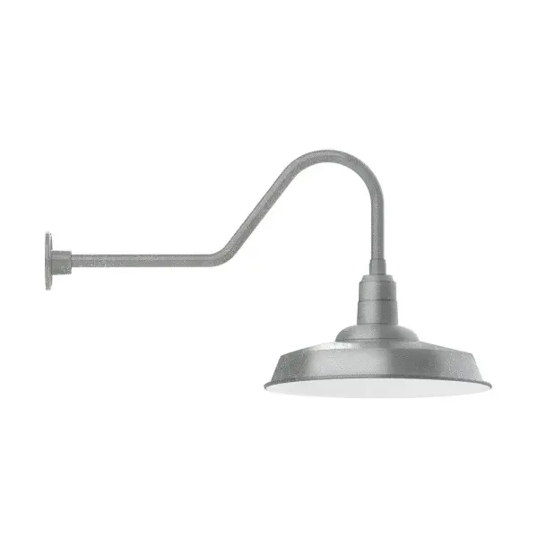 Our outdoor wall lights, inspired by 1920's industrial lighting, in classic gooseneck arm styles are great for use as sign or awning lights, garage or barn lights. This vintage look works well indoors also, our smallest sizes will illuminate a restaurant menu board, bookcase, or shelving unit. The Warehouse shade is our most popular shade style, and we offer in a large variety of sizes. Collection: Warehouse Finish: Painted Galvanized Glass: 18 inch Warehouse Width: 18.00" Height: 19.25" Length: 35.50" Weight: 5.00 lb Extension from Wall: 35.50" Canopy: 4.625" diameter Number of Bulbs: 1 Maximum Wattage: 15.00 W Light Source: LED Light Output: 1200.00 lm Color Temperature: 3000 K CRI: 90 Dimmable Rated Average Life: 50,000 Voltage: 120.00 V Country of Origin: US Safety Listing: UL/cUL Safety Rating: Wet Dark Sky LED Manufacturer Warranty: 1-year limited warranty on the fixture.