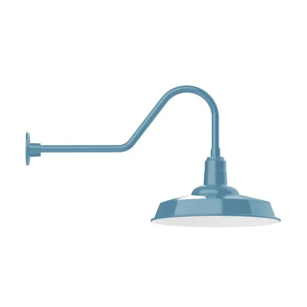 Our outdoor wall lights, inspired by 1920's industrial lighting, in classic gooseneck arm styles are great for use as sign or awning lights, garage or barn lights. This vintage look works well indoors also, our smallest sizes will illuminate a restaurant menu board, bookcase, or shelving unit. The Warehouse shade is our most popular shade style, and we offer in a large variety of sizes. Collection: Warehouse Finish: Light Blue Glass: Clear Glass with Cast Guard Notes: Option (1) A19 LED and Integrated LED Width: 18.00" Height: 19.25" Length: 35.50" Weight: 5.00 lb Extension from Wall: 35.50" Canopy: 4.625" diameter Number of Bulbs: 1 Maximum Wattage: 100.00 W Bulb Type: A19 Bulb Base: E26 Medium Light Source: Incandescent or LED equivalent Dimmable Voltage: 120.00 V Country of Origin: US Safety Listing: UL/cUL Safety Rating: Wet Dark Sky LED Manufacturer Warranty: 1-year limited warranty on the fixture.