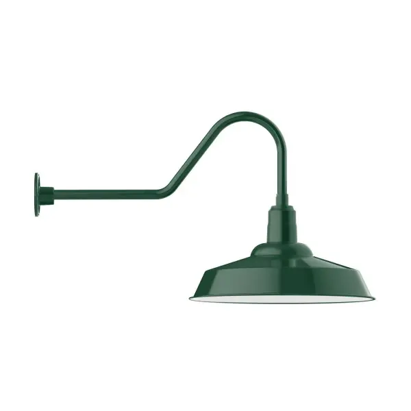 Our outdoor wall lights, inspired by 1920's industrial lighting, in classic gooseneck arm styles are great for use as sign or awning lights, garage or barn lights. This vintage look works well indoors also, our smallest sizes will illuminate a restaurant menu board, bookcase, or shelving unit. The Warehouse shade is our most popular shade style, and we offer in a large variety of sizes. Collection: Warehouse Finish: Forest Green Glass: Clear Glass with Cast Guard Notes: Option (1) A19 LED and Integrated LED Width: 20.00" Height: 20.25" Length: 36.50" Weight: 12.00 lb Extension from Wall: 36.50" Canopy: 4.625" diameter Number of Bulbs: 1 Maximum Wattage: 100.00 W Bulb Type: A19 Bulb Base: E26 Medium Light Source: Incandescent or LED equivalent Dimmable Voltage: 120.00 V Country of Origin: US Safety Listing: UL/cUL Safety Rating: Wet Dark Sky LED Manufacturer Warranty: 1-year limited warranty on the fixture.