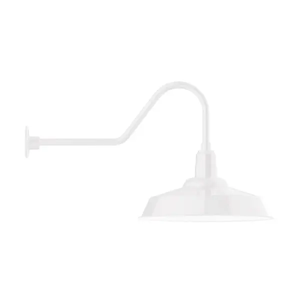 Our outdoor wall lights, inspired by 1920's industrial lighting, in classic gooseneck arm styles are great for use as sign or awning lights, garage or barn lights. This vintage look works well indoors also, our smallest sizes will illuminate a restaurant menu board, bookcase, or shelving unit. The Warehouse shade is our most popular shade style, and we offer in a large variety of sizes. Collection: Warehouse Finish: White Glass: 20 inch Warehouse Width: 20.00" Height: 20.25" Length: 36.50" Weight: 12.00 lb Extension from Wall: 36.50" Canopy: 4.625" diameter Number of Bulbs: 1 Maximum Wattage: 25.00 W Light Source: LED Light Output: 1800.00 lm Color Temperature: 3000 K CRI: 90 Dimmable Rated Average Life: 50,000 Voltage: 120.00 V Country of Origin: US Safety Listing: UL/cUL Safety Rating: Wet Dark Sky LED Manufacturer Warranty: 1-year limited warranty on the fixture.