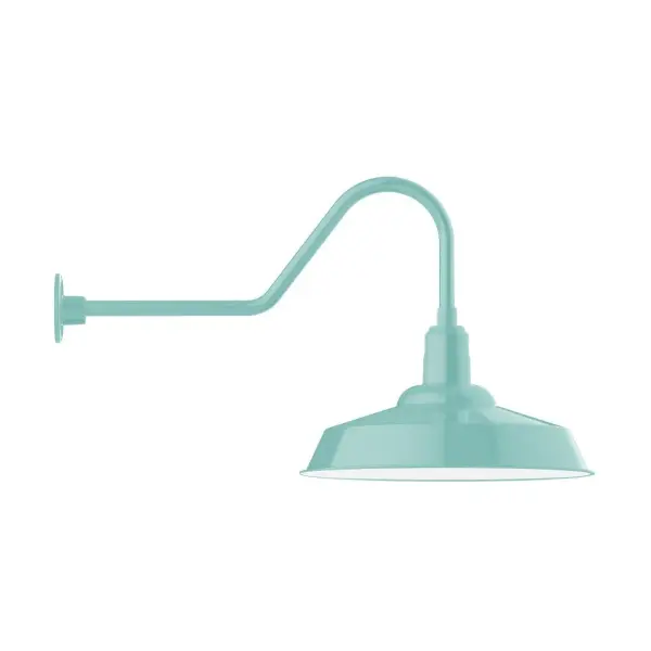 Our outdoor wall lights, inspired by 1920's industrial lighting, in classic gooseneck arm styles are great for use as sign or awning lights, garage or barn lights. This vintage look works well indoors also, our smallest sizes will illuminate a restaurant menu board, bookcase, or shelving unit. The Warehouse shade is our most popular shade style, and we offer in a large variety of sizes. Collection: Warehouse Finish: Sea Green Glass: Clear Glass with Cast Guard Notes: Option (1) A19 LED and Integrated LED Width: 20.00" Height: 20.25" Length: 36.50" Weight: 12.00 lb Extension from Wall: 36.50" Canopy: 4.625" diameter Number of Bulbs: 1 Maximum Wattage: 100.00 W Bulb Type: A19 Bulb Base: E26 Medium Light Source: Incandescent or LED equivalent Dimmable Voltage: 120.00 V Country of Origin: US Safety Listing: UL/cUL Safety Rating: Wet Dark Sky LED Manufacturer Warranty: 1-year limited warranty on the fixture.