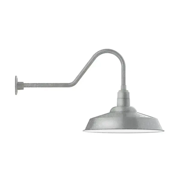 Our outdoor wall lights, inspired by 1920's industrial lighting, in classic gooseneck arm styles are great for use as sign or awning lights, garage or barn lights. This vintage look works well indoors also, our smallest sizes will illuminate a restaurant menu board, bookcase, or shelving unit. The Warehouse shade is our most popular shade style, and we offer in a large variety of sizes. Collection: Warehouse Finish: Painted Galvanized Glass: Clear Glass with Cast Guard Notes: Option (1) A19 LED and Integrated LED Width: 20.00" Height: 20.25" Length: 36.50" Weight: 12.00 lb Extension from Wall: 36.50" Canopy: 4.625" diameter Number of Bulbs: 1 Maximum Wattage: 100.00 W Bulb Type: A19 Bulb Base: E26 Medium Light Source: Incandescent or LED equivalent Dimmable Voltage: 120.00 V Country of Origin: US Safety Listing: UL/cUL Safety Rating: Wet Dark Sky LED Manufacturer Warranty: 1-year limited warranty on the fixture.