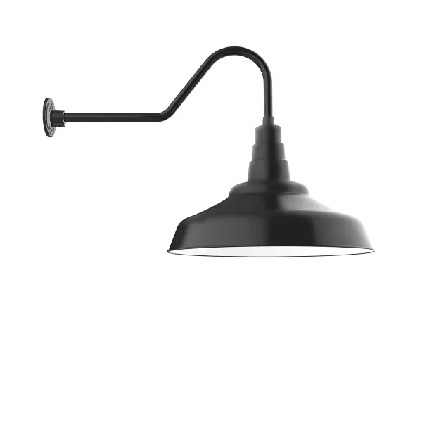 Our outdoor wall lights, inspired by 1920’s industrial lighting, in classic gooseneck arm styles are great for use as sign or awning lights, garage or barn lights. This vintage look works well indoors also, our smallest sizes will illuminate a restaurant menu board, bookcase, or shelving unit. The Warehouse shade is our most popular shade style, and we offer in a large variety of sizes.