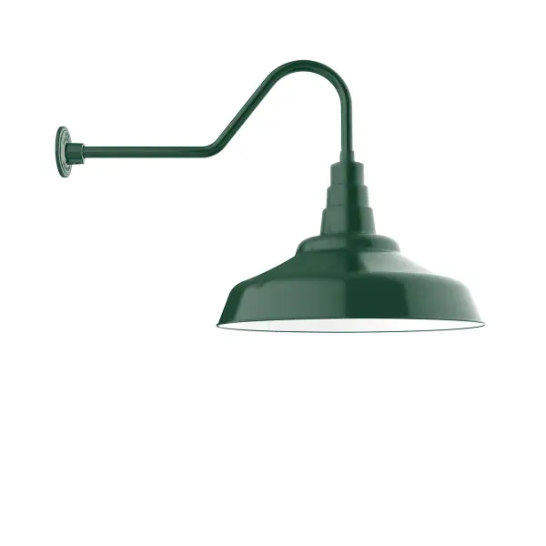Our outdoor wall lights, inspired by 1920’s industrial lighting, in classic gooseneck arm styles are great for use as sign or awning lights, garage or barn lights. This vintage look works well indoors also, our smallest sizes will illuminate a restaurant menu board, bookcase, or shelving unit. The Warehouse shade is our most popular shade style, and we offer in a large variety of sizes.