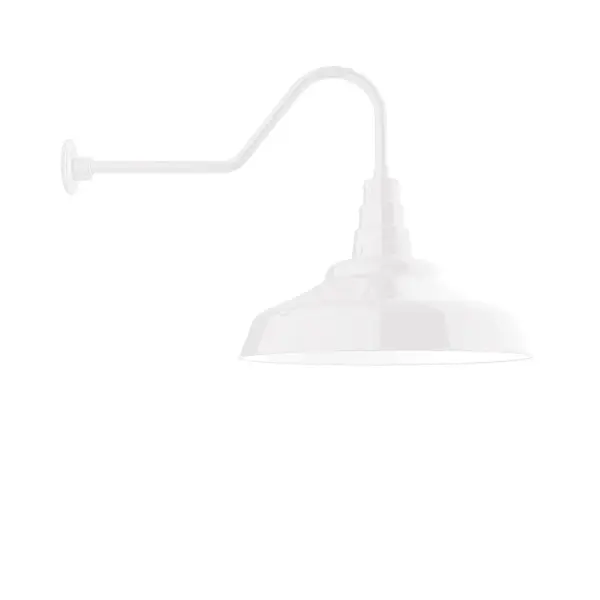 Our outdoor wall lights, inspired by 1920’s industrial lighting, in classic gooseneck arm styles are great for use as sign or awning lights, garage or barn lights. This vintage look works well indoors also, our smallest sizes will illuminate a restaurant menu board, bookcase, or shelving unit. The Warehouse shade is our most popular shade style, and we offer in a large variety of sizes.