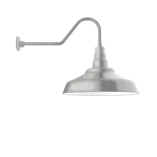 Our outdoor wall lights, inspired by 1920’s industrial lighting, in classic gooseneck arm styles are great for use as sign or awning lights, garage or barn lights. This vintage look works well indoors also, our smallest sizes will illuminate a restaurant menu board, bookcase, or shelving unit. The Warehouse shade is our most popular shade style, and we offer in a large variety of sizes.