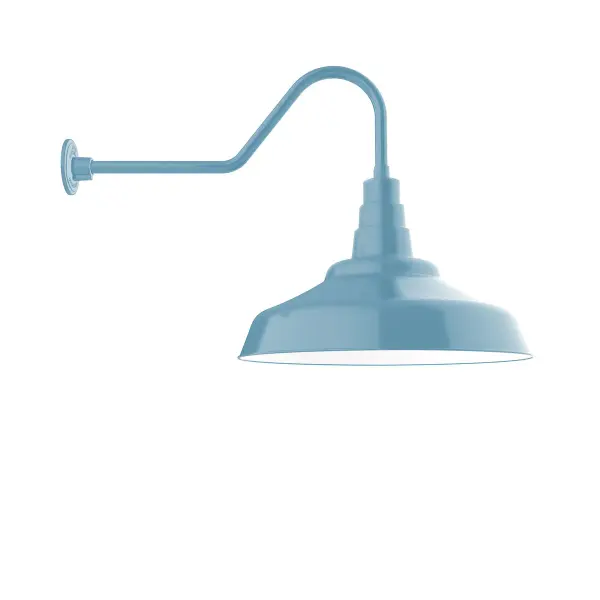 Our outdoor wall lights, inspired by 1920’s industrial lighting, in classic gooseneck arm styles are great for use as sign or awning lights, garage or barn lights. This vintage look works well indoors also, our smallest sizes will illuminate a restaurant menu board, bookcase, or shelving unit. The Warehouse shade is our most popular shade style, and we offer in a large variety of sizes.