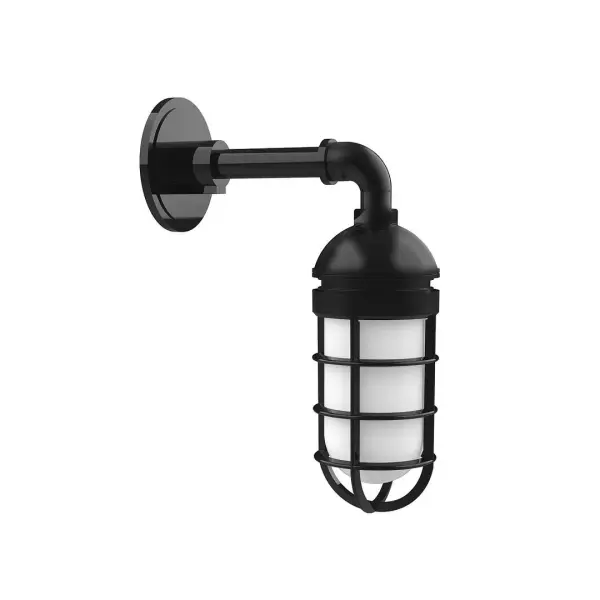 Our outdoor wall lights, inspired by 1920's industrial lighting, in straight arm styles are great for use as sign or awning lights, garage or barn lights. This vintage look works well indoors, as a wall sconce to illuminate an entry or hallway, stairway, or bathroom. Our weathertight glass and guard will protect your light source from damage in a storm, as well as light your way in great nautical style. Collection: Vaportite Finish: Black Glass: 5 inch Vaportite Notes: Option (1) A19 LED and 1-Integrated 8W Width: 4.00" Height: 13.75" Length: 4.00" Weight: 6.00 lb Extension from Wall: 9.50" Canopy: 4.625" diameter Number of Bulbs: 1 Maximum Wattage: 100.00 W Bulb Type: A19 Bulb Base: E26 Medium Light Source: Incandescent or LED equivalent Dimmable Voltage: 120.00 V Country of Origin: US Safety Listing: UL/cUL Safety Rating: Wet Dark Sky LED Manufacturer Warranty: 1-year limited warranty on the fixture.