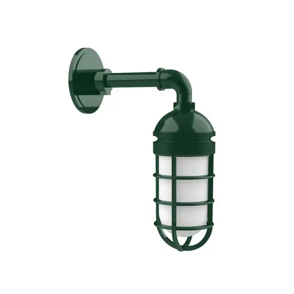 Our outdoor wall lights, inspired by 1920's industrial lighting, in straight arm styles are great for use as sign or awning lights, garage or barn lights. This vintage look works well indoors, as a wall sconce to illuminate an entry or hallway, stairway, or bathroom. Our weathertight glass and guard will protect your light source from damage in a storm, as well as light your way in great nautical style. Collection: Vaportite Finish: Forest Green Glass: 5 inch Vaportite Notes: Option (1) A19 LED and 1-Integrated 8W Width: 4.00" Height: 13.75" Length: 4.00" Weight: 6.00 lb Extension from Wall: 9.50" Canopy: 4.625" diameter Number of Bulbs: 1 Maximum Wattage: 100.00 W Bulb Type: A19 Bulb Base: E26 Medium Light Source: Incandescent or LED equivalent Dimmable Voltage: 120.00 V Country of Origin: US Safety Listing: UL/cUL Safety Rating: Wet Dark Sky LED Manufacturer Warranty: 1-year limited warranty on the fixture.