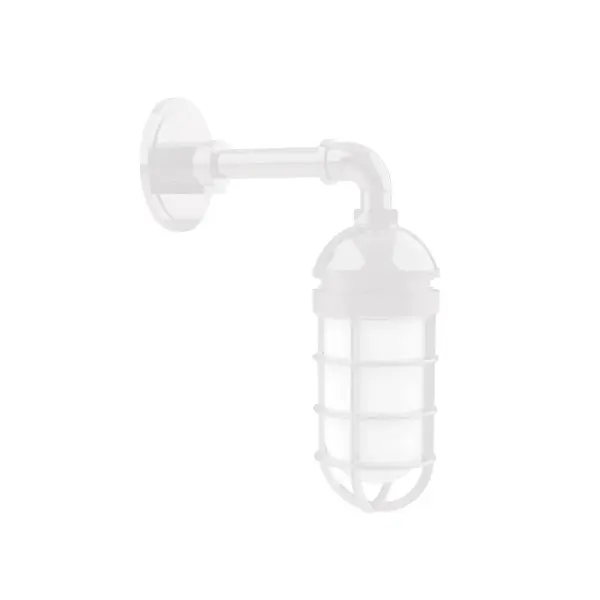 Our outdoor wall lights, inspired by 1920's industrial lighting, in straight arm styles are great for use as sign or awning lights, garage or barn lights. This vintage look works well indoors, as a wall sconce to illuminate an entry or hallway, stairway, or bathroom. Our weathertight glass and guard will protect your light source from damage in a storm, as well as light your way in great nautical style. Collection: Vaportite Finish: White Glass: 5 inch Vaportite Notes: Option (1) A19 LED and 1-Integrated 8W Width: 4.00" Height: 13.75" Length: 4.00" Weight: 6.00 lb Extension from Wall: 9.50" Canopy: 4.625" diameter Number of Bulbs: 1 Maximum Wattage: 100.00 W Bulb Type: A19 Bulb Base: E26 Medium Light Source: Incandescent or LED equivalent Dimmable Voltage: 120.00 V Country of Origin: US Safety Listing: UL/cUL Safety Rating: Wet Dark Sky LED Manufacturer Warranty: 1-year limited warranty on the fixture.