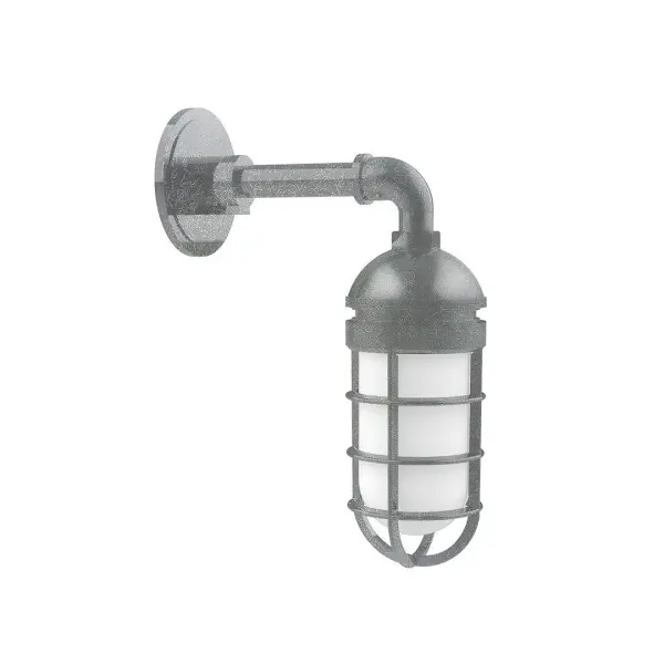 Our outdoor wall lights, inspired by 1920's industrial lighting, in straight arm styles are great for use as sign or awning lights, garage or barn lights. This vintage look works well indoors, as a wall sconce to illuminate an entry or hallway, stairway, or bathroom. Our weathertight glass and guard will protect your light source from damage in a storm, as well as light your way in great nautical style. Collection: Vaportite Finish: Painted Galvanized Glass: 5 inch Vaportite Notes: Option (1) A19 LED and 1-Integrated 8W Width: 4.00" Height: 13.75" Length: 4.00" Weight: 6.00 lb Extension from Wall: 9.50" Canopy: 4.625" diameter Number of Bulbs: 1 Maximum Wattage: 100.00 W Bulb Type: A19 Bulb Base: E26 Medium Light Source: Incandescent or LED equivalent Dimmable Voltage: 120.00 V Country of Origin: US Safety Listing: UL/cUL Safety Rating: Wet Dark Sky LED Manufacturer Warranty: 1-year limited warranty on the fixture.