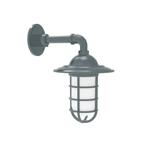 Our outdoor wall lights, inspired by 1920's industrial lighting, in straight arm styles are great for use as sign or awning lights, garage or barn lights. This vintage look works well indoors, as a wall sconce to illuminate an entry or hallway, stairway, or bathroom. Our weathertight glass and guard will protect your light source from damage in a storm, as well as light your way in great nautical style. Collection: Vaportite Finish: Slate Gray Glass: 5 inch Vaportite Notes: Option (1) A19 LED and 1-Integrated 8W Width: 8.25" Height: 13.75" Length: 8.25" Weight: 6.00 lb Extension from Wall: 11.50" Canopy: 4.625" diameter Number of Bulbs: 1 Maximum Wattage: 100.00 W Bulb Type: A19 Bulb Base: E26 Medium Light Source: Incandescent or LED equivalent Dimmable Voltage: 120.00 V Country of Origin: US Safety Listing: UL/cUL Safety Rating: Wet Dark Sky LED Manufacturer Warranty: 1-year limited warranty on the fixture.