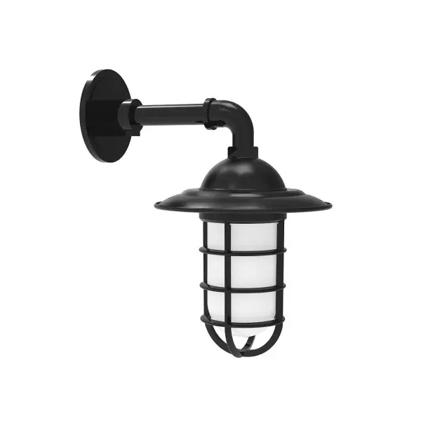 Our outdoor wall lights, inspired by 1920's industrial lighting, in straight arm styles are great for use as sign or awning lights, garage or barn lights. This vintage look works well indoors, as a wall sconce to illuminate an entry or hallway, stairway, or bathroom. Our weathertight glass and guard will protect your light source from damage in a storm, as well as light your way in great nautical style. Collection: Vaportite Finish: Black Glass: 5 inch Vaportite Notes: Option (1) A19 LED and 1-Integrated 8W Width: 8.25" Height: 13.75" Length: 8.25" Weight: 6.00 lb Extension from Wall: 11.50" Canopy: 4.625" diameter Number of Bulbs: 1 Maximum Wattage: 100.00 W Bulb Type: A19 Bulb Base: E26 Medium Light Source: Incandescent or LED equivalent Dimmable Voltage: 120.00 V Country of Origin: US Safety Listing: UL/cUL Safety Rating: Wet Dark Sky LED Manufacturer Warranty: 1-year limited warranty on the fixture.