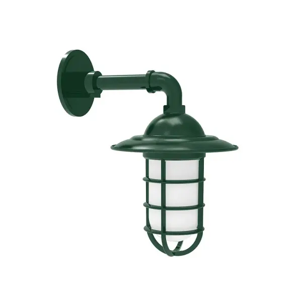Our outdoor wall lights, inspired by 1920's industrial lighting, in straight arm styles are great for use as sign or awning lights, garage or barn lights. This vintage look works well indoors, as a wall sconce to illuminate an entry or hallway, stairway, or bathroom. Our weathertight glass and guard will protect your light source from damage in a storm, as well as light your way in great nautical style. Collection: Vaportite Finish: Forest Green Glass: 5 inch Vaportite Notes: Option (1) A19 LED and 1-Integrated 8W Width: 8.25" Height: 13.75" Length: 8.25" Weight: 6.00 lb Extension from Wall: 11.50" Canopy: 4.625" diameter Number of Bulbs: 1 Maximum Wattage: 100.00 W Bulb Type: A19 Bulb Base: E26 Medium Light Source: Incandescent or LED equivalent Dimmable Voltage: 120.00 V Country of Origin: US Safety Listing: UL/cUL Safety Rating: Wet Dark Sky LED Manufacturer Warranty: 1-year limited warranty on the fixture.
