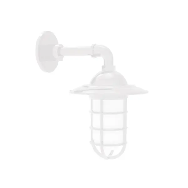Our outdoor wall lights, inspired by 1920's industrial lighting, in straight arm styles are great for use as sign or awning lights, garage or barn lights. This vintage look works well indoors, as a wall sconce to illuminate an entry or hallway, stairway, or bathroom. Our weathertight glass and guard will protect your light source from damage in a storm, as well as light your way in great nautical style. Collection: Vaportite Finish: White Glass: 5 inch Vaportite Notes: Option (1) A19 LED and 1-Integrated 8W Width: 8.25" Height: 13.75" Length: 8.25" Weight: 6.00 lb Extension from Wall: 11.50" Canopy: 4.625" diameter Number of Bulbs: 1 Maximum Wattage: 100.00 W Bulb Type: A19 Bulb Base: E26 Medium Light Source: Incandescent or LED equivalent Dimmable Voltage: 120.00 V Country of Origin: US Safety Listing: UL/cUL Safety Rating: Wet Dark Sky LED Manufacturer Warranty: 1-year limited warranty on the fixture.