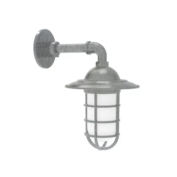 Our outdoor wall lights, inspired by 1920's industrial lighting, in straight arm styles are great for use as sign or awning lights, garage or barn lights. This vintage look works well indoors, as a wall sconce to illuminate an entry or hallway, stairway, or bathroom. Our weathertight glass and guard will protect your light source from damage in a storm, as well as light your way in great nautical style. Collection: Vaportite Finish: Painted Galvanized Glass: 5 inch Vaportite Notes: Option (1) A19 LED and 1-Integrated 8W Width: 8.25" Height: 13.75" Length: 8.25" Weight: 6.00 lb Extension from Wall: 11.50" Canopy: 4.625" diameter Number of Bulbs: 1 Maximum Wattage: 100.00 W Bulb Type: A19 Bulb Base: E26 Medium Light Source: Incandescent or LED equivalent Dimmable Voltage: 120.00 V Country of Origin: US Safety Listing: UL/cUL Safety Rating: Wet Dark Sky LED Manufacturer Warranty: 1-year limited warranty on the fixture.