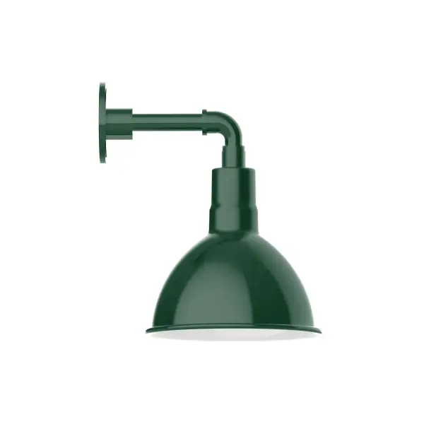 Our outdoor wall lights, inspired by 1920's industrial lighting, in straight arm styles are great for use as sign or awning lights, garage or barn lights. This vintage look works well indoors, as a wall sconce to illuminate an entry or hallway, stairway, or bathroom. Our Deep Bowl shade, the ultimate domed reflector, is classic in shape and offers great light output. Collection: Deep Bowl Finish: Forest Green Glass: Clear Glass with Cast Guard Notes: Option (1) A19 LED and 2-Integrated 8W, 10W Width: 10.00" Height: 14.25" Length: 12.50" Weight: 6.00 lb Extension from Wall: 12.50" Canopy: 4.625" diameter Number of Bulbs: 1 Maximum Wattage: 100.00 W Bulb Type: A19 Bulb Base: E26 Medium Light Source: Incandescent or LED equivalent Dimmable Voltage: 120.00 V Country of Origin: US Safety Listing: UL/cUL Safety Rating: Wet Dark Sky LED Manufacturer Warranty: 1-year limited warranty on the fixture.