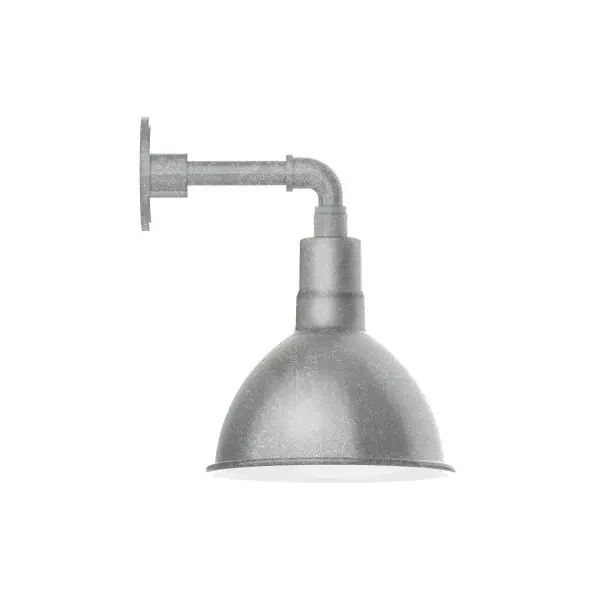 Our outdoor wall lights, inspired by 1920's industrial lighting, in straight arm styles are great for use as sign or awning lights, garage or barn lights. This vintage look works well indoors, as a wall sconce to illuminate an entry or hallway, stairway, or bathroom. Our Deep Bowl shade, the ultimate domed reflector, is classic in shape and offers great light output. Collection: Deep Bowl Finish: Painted Galvanized Glass: Clear Glass with Cast Guard Notes: Option (1) A19 LED and 2-Integrated 8W, 10W Width: 10.00" Height: 14.25" Length: 12.50" Weight: 6.00 lb Extension from Wall: 12.50" Canopy: 4.625" diameter Number of Bulbs: 1 Maximum Wattage: 100.00 W Bulb Type: A19 Bulb Base: E26 Medium Light Source: Incandescent or LED equivalent Dimmable Voltage: 120.00 V Country of Origin: US Safety Listing: UL/cUL Safety Rating: Wet Dark Sky LED Manufacturer Warranty: 1-year limited warranty on the fixture.