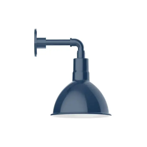 Our outdoor wall lights, inspired by 1920's industrial lighting, in straight arm styles are great for use as sign or awning lights, garage or barn lights. This vintage look works well indoors, as a wall sconce to illuminate an entry or hallway, stairway, or bathroom. Our Deep Bowl shade, the ultimate domed reflector, is classic in shape and offers great light output. Collection: Deep Bowl Finish: Navy Glass: 10 inch Deep Bowl Width: 10.00" Height: 14.25" Length: 12.50" Weight: 6.00 lb Extension from Wall: 12.50" Canopy: 4.625" diameter Number of Bulbs: 1 Maximum Wattage: 10.00 W Light Source: LED Light Output: 800.00 lm Color Temperature: 3000 K CRI: 90 Dimmable Rated Average Life: 50,000 Voltage: 120.00 V Country of Origin: US Safety Listing: UL/cUL Safety Rating: Wet Dark Sky LED Manufacturer Warranty: 1-year limited warranty on the fixture.
