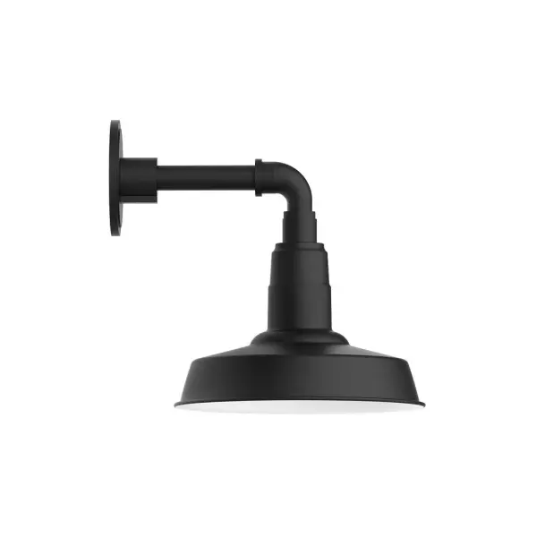 Our outdoor wall lights, inspired by 1920's industrial lighting, in straight arm styles are great for use as sign or awning lights, garage or barn lights. This vintage look works well indoors, as a wall sconce to illuminate an entry or hallway, stairway, or bathroom. The Warehouse shade is our most popular shade style, and we offer in a large variety of sizes. Collection: Warehouse Finish: Black Glass: 10 inch Warehouse Width: 10.00" Height: 11.50" Length: 12.50" Weight: 6.00 lb Extension from Wall: 12.50" Canopy: 4.625" diameter Number of Bulbs: 1 Maximum Wattage: 10.00 W Light Source: LED Light Output: 800.00 lm Color Temperature: 3000 K CRI: 90 Dimmable Rated Average Life: 50,000 Voltage: 120.00 V Country of Origin: US Safety Listing: UL/cUL Safety Rating: Wet Dark Sky LED Manufacturer Warranty: 1-year limited warranty on the fixture.