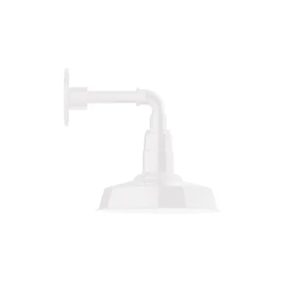 Our outdoor wall lights, inspired by 1920's industrial lighting, in straight arm styles are great for use as sign or awning lights, garage or barn lights. This vintage look works well indoors, as a wall sconce to illuminate an entry or hallway, stairway, or bathroom. The Warehouse shade is our most popular shade style, and we offer in a large variety of sizes. Collection: Warehouse Finish: White Glass: Clear Glass with Cast Guard Notes: Option (1) A19 LED and 3-Integrated 8W, 10W, 15W Width: 10.00" Height: 11.50" Length: 12.50" Weight: 6.00 lb Extension from Wall: 12.50" Canopy: 4.625" diameter Number of Bulbs: 1 Maximum Wattage: 100.00 W Bulb Type: A19 Bulb Base: E26 Medium Light Source: Incandescent or LED equivalent Dimmable Voltage: 120.00 V Country of Origin: US Safety Listing: UL/cUL Safety Rating: Wet Dark Sky LED Manufacturer Warranty: 1-year limited warranty on the fixture.