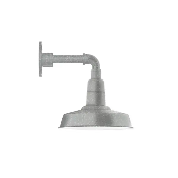 Our outdoor wall lights, inspired by 1920's industrial lighting, in straight arm styles are great for use as sign or awning lights, garage or barn lights. This vintage look works well indoors, as a wall sconce to illuminate an entry or hallway, stairway, or bathroom. The Warehouse shade is our most popular shade style, and we offer in a large variety of sizes. Collection: Warehouse Finish: Painted Galvanized Glass: 10 inch Warehouse Width: 10.00" Height: 11.50" Length: 12.50" Weight: 6.00 lb Extension from Wall: 12.50" Canopy: 4.625" diameter Number of Bulbs: 1 Maximum Wattage: 10.00 W Light Source: LED Light Output: 800.00 lm Color Temperature: 2700 K CRI: 90 Dimmable Rated Average Life: 50,000 Voltage: 120.00 V Country of Origin: US Safety Listing: UL/cUL Safety Rating: Wet Dark Sky LED Manufacturer Warranty: 1-year limited warranty on the fixture.