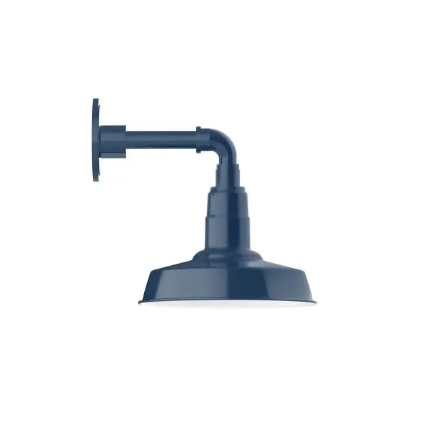 Our outdoor wall lights, inspired by 1920's industrial lighting, in straight arm styles are great for use as sign or awning lights, garage or barn lights. This vintage look works well indoors, as a wall sconce to illuminate an entry or hallway, stairway, or bathroom. The Warehouse shade is our most popular shade style, and we offer in a large variety of sizes. Collection: Warehouse Finish: Navy Glass: Clear Glass with Cast Guard Notes: Option (1) A19 LED and 3-Integrated 8W, 10W, 15W Width: 10.00" Height: 11.50" Length: 12.50" Weight: 6.00 lb Extension from Wall: 12.50" Canopy: 4.625" diameter Number of Bulbs: 1 Maximum Wattage: 100.00 W Bulb Type: A19 Bulb Base: E26 Medium Light Source: Incandescent or LED equivalent Dimmable Voltage: 120.00 V Country of Origin: US Safety Listing: UL/cUL Safety Rating: Wet Dark Sky LED Manufacturer Warranty: 1-year limited warranty on the fixture.