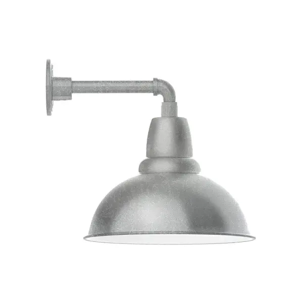 Our outdoor wall lights, inspired by 1920's industrial lighting, in straight arm styles are great for use as sign or awning lights, garage or barn lights. This vintage look works well indoors also, our smallest sizes will illuminate a restaurant menu board, bookcase, or shelving unit. Our Cafe shades will help transform your outdoor living area into a warm and intimate gathering space. Collection: Cafe Finish: Painted Galvanized Glass: 14 inch Cafe Notes: Option (1) A19 LED and 3-Integrated 8W, 10W, 15W Width: 14.00" Height: 14.75" Length: 17.00" Weight: 10.00 lb Extension from Wall: 17.00" Canopy: 4.625" diameter Number of Bulbs: 1 Maximum Wattage: 100.00 W Bulb Type: A19 Bulb Base: E26 Medium Light Source: Incandescent or LED equivalent Dimmable Voltage: 120.00 V Country of Origin: US Safety Listing: UL/cUL Safety Rating: Wet Dark Sky LED Manufacturer Warranty: 1-year limited warranty on the fixture.
