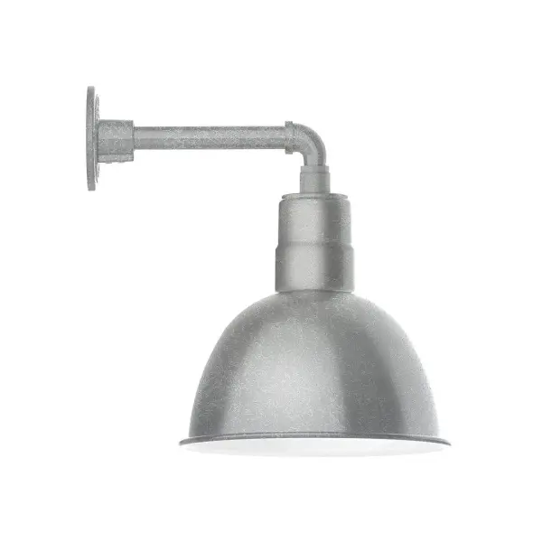 Our outdoor wall lights, inspired by 1920's industrial lighting, in straight arm styles are great for use as sign or awning lights, garage or barn lights. This vintage look works well indoors, as a wall sconce to illuminate an entry or hallway, stairway, or bathroom. Our Deep Bowl shade, the ultimate domed reflector, is classic in shape and offers great light output. Collection: Deep Bowl Finish: Painted Galvanized Glass: Clear Glass with Cast Guard Notes: Option (1) A19 LED and 2-Integrated 8W, 10W Width: 12.13" Height: 11.00" Length: 16.00" Weight: 8.00 lb Extension from Wall: 16.00" Canopy: 4.625" diameter Number of Bulbs: 1 Maximum Wattage: 100.00 W Bulb Type: A19 Bulb Base: E26 Medium Light Source: Incandescent or LED equivalent Dimmable Voltage: 120.00 V Country of Origin: US Safety Listing: UL/cUL Safety Rating: Wet Dark Sky LED Manufacturer Warranty: 1-year limited warranty on the fixture.