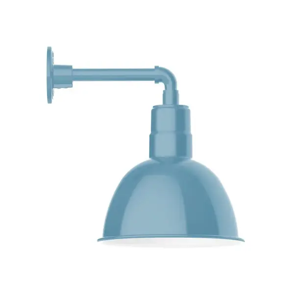 Our outdoor wall lights, inspired by 1920's industrial lighting, in straight arm styles are great for use as sign or awning lights, garage or barn lights. This vintage look works well indoors, as a wall sconce to illuminate an entry or hallway, stairway, or bathroom. Our Deep Bowl shade, the ultimate domed reflector, is classic in shape and offers great light output. Collection: Deep Bowl Finish: Light Blue Glass: Clear Glass with Cast Guard Notes: Option (1) A19 LED and 2-Integrated 8W, 10W Width: 12.13" Height: 11.00" Length: 16.00" Weight: 8.00 lb Extension from Wall: 16.00" Canopy: 4.625" diameter Number of Bulbs: 1 Maximum Wattage: 100.00 W Bulb Type: A19 Bulb Base: E26 Medium Light Source: Incandescent or LED equivalent Dimmable Voltage: 120.00 V Country of Origin: US Safety Listing: UL/cUL Safety Rating: Wet Dark Sky LED Manufacturer Warranty: 1-year limited warranty on the fixture.