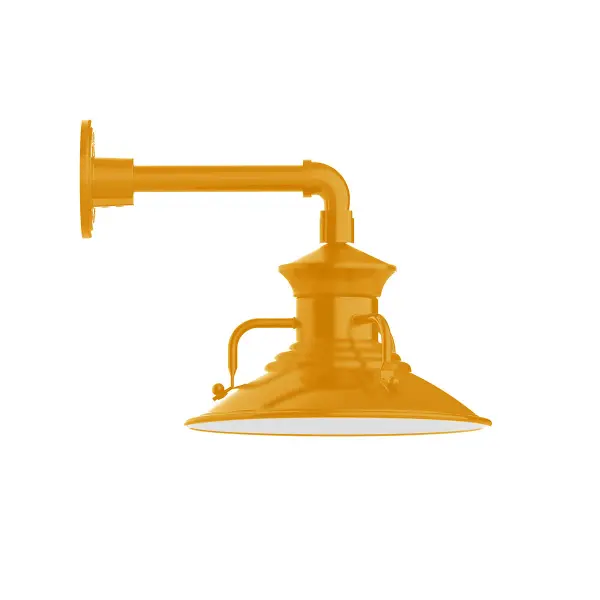 Our outdoor wall lights, inspired by 1920’s industrial lighting, in straight arm styles are great for use as sign or awning lights, garage or barn lights. This vintage look works well indoors, as a wall sconce to illuminate an entry or hallway, stairway, or bathroom. The Homestead shade with its cap and handles, has farmhouse flair, at home over a kitchen table or a wide front porch.