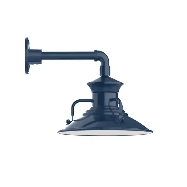 Our outdoor wall lights, inspired by 1920's industrial lighting, in straight arm styles are great for use as sign or awning lights, garage or barn lights. This vintage look works well indoors, as a wall sconce to illuminate an entry or hallway, stairway, or bathroom. The Homestead shade with its cap and handles, has farmhouse flair, at home over a kitchen table or a wide front porch. Collection: Homestead Finish: Navy Glass: 12 inch Homestead Notes: Option (1) A19 LED and 2-Integrated 8W, 10W Width: 12.13" Height: 12.00" Length: 16.00" Weight: 8.00 lb Extension from Wall: 16.00" Canopy: 4.625" diameter Number of Bulbs: 1 Maximum Wattage: 100.00 W Bulb Type: A19 Bulb Base: E26 Medium Light Source: Incandescent or LED equivalent Dimmable Voltage: 120.00 V Country of Origin: US Safety Listing: UL/cUL Safety Rating: Wet Dark Sky LED Manufacturer Warranty: 1-year limited warranty on the fixture.