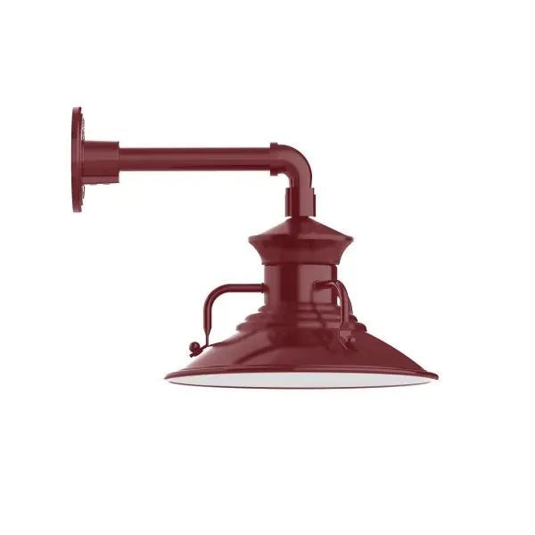 Our outdoor wall lights, inspired by 1920's industrial lighting, in straight arm styles are great for use as sign or awning lights, garage or barn lights. This vintage look works well indoors, as a wall sconce to illuminate an entry or hallway, stairway, or bathroom. The Homestead shade with its cap and handles, has farmhouse flair, at home over a kitchen table or a wide front porch. Collection: Homestead Finish: Barn Red Glass: 12 inch Homestead Notes: Option (1) A19 LED and 2-Integrated 8W, 10W Width: 12.13" Height: 12.00" Length: 16.00" Weight: 8.00 lb Extension from Wall: 16.00" Canopy: 4.625" diameter Number of Bulbs: 1 Maximum Wattage: 100.00 W Bulb Type: A19 Bulb Base: E26 Medium Light Source: Incandescent or LED equivalent Dimmable Voltage: 120.00 V Country of Origin: US Safety Listing: UL/cUL Safety Rating: Wet Dark Sky LED Manufacturer Warranty: 1-year limited warranty on the fixture.