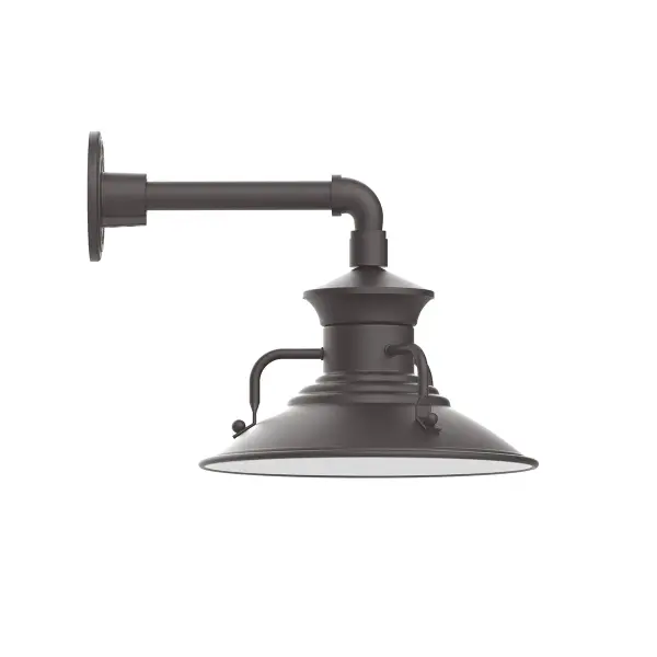 Our outdoor wall lights, inspired by 1920’s industrial lighting, in straight arm styles are great for use as sign or awning lights, garage or barn lights. This vintage look works well indoors, as a wall sconce to illuminate an entry or hallway, stairway, or bathroom. The Homestead shade with its cap and handles, has farmhouse flair, at home over a kitchen table or a wide front porch.
