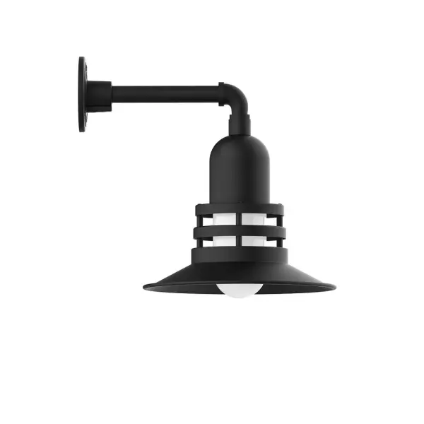 Our outdoor wall lights, inspired by 1920's industrial lighting, in straight arm styles are great for use as sign or awning lights, garage or barn lights. This vintage look works well indoors, as a wall sconce to illuminate an entry or hallway, stairway, or bathroom. The Atomic has a great retro feel and will lighten up any space. A clear glass jar to protect bulb from the elements is a standard feature. Collection: Atomic Finish: Black Glass: 12 inch Atomic Notes: Option (1) A19 LED and 2-Integrated 8W, 10W Width: 12.00" Height: 14.50" Length: 16.00" Weight: 8.00 lb Extension from Wall: 16.00" Canopy: 4.625" diameter Number of Bulbs: 1 Maximum Wattage: 100.00 W Bulb Type: A19 Bulb Base: E26 Medium Light Source: Incandescent or LED equivalent Dimmable Voltage: 120.00 V Country of Origin: US Safety Listing: UL/cUL Safety Rating: Wet Dark Sky LED Manufacturer Warranty: 1-year limited warranty on the fixture.