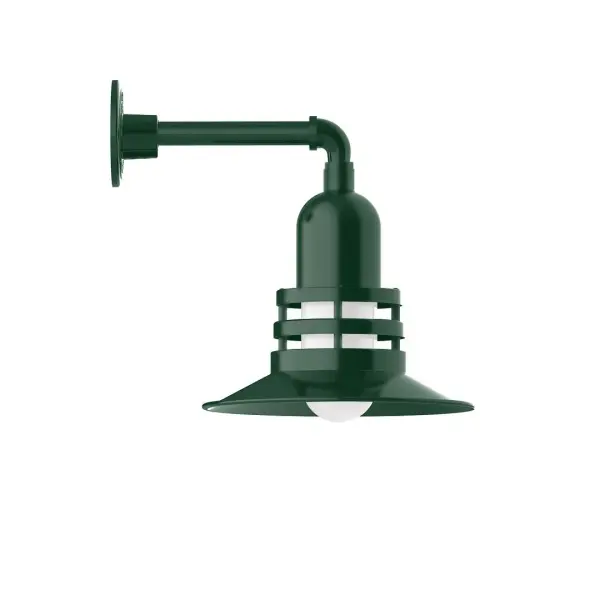 Our outdoor wall lights, inspired by 1920's industrial lighting, in straight arm styles are great for use as sign or awning lights, garage or barn lights. This vintage look works well indoors, as a wall sconce to illuminate an entry or hallway, stairway, or bathroom. The Atomic has a great retro feel and will lighten up any space. A clear glass jar to protect bulb from the elements is a standard feature. Collection: Atomic Finish: Forest Green Glass: 12 inch Atomic Notes: Option (1) A19 LED and 2-Integrated 8W, 10W Width: 12.00" Height: 14.50" Length: 16.00" Weight: 8.00 lb Extension from Wall: 16.00" Canopy: 4.625" diameter Number of Bulbs: 1 Maximum Wattage: 100.00 W Bulb Type: A19 Bulb Base: E26 Medium Light Source: Incandescent or LED equivalent Dimmable Voltage: 120.00 V Country of Origin: US Safety Listing: UL/cUL Safety Rating: Wet Dark Sky LED Manufacturer Warranty: 1-year limited warranty on the fixture.