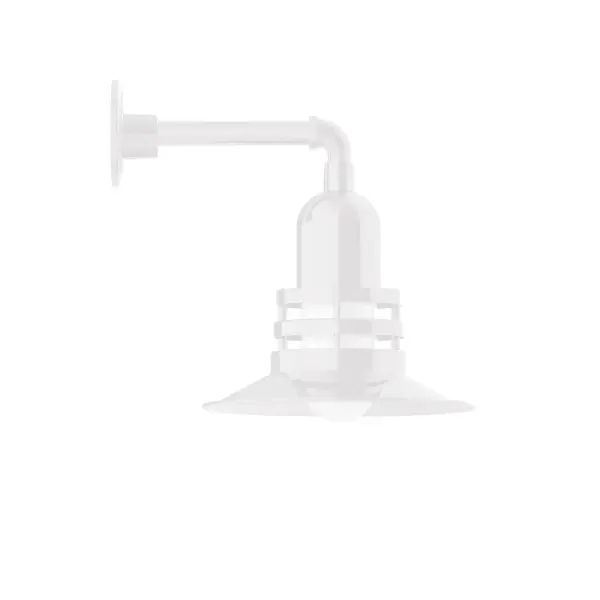Our outdoor wall lights, inspired by 1920's industrial lighting, in straight arm styles are great for use as sign or awning lights, garage or barn lights. This vintage look works well indoors, as a wall sconce to illuminate an entry or hallway, stairway, or bathroom. The Atomic has a great retro feel and will lighten up any space. A clear glass jar to protect bulb from the elements is a standard feature. Collection: Atomic Finish: White Glass: 12 inch Atomic Notes: Option (1) A19 LED and 2-Integrated 8W, 10W Width: 12.00" Height: 14.50" Length: 16.00" Weight: 8.00 lb Extension from Wall: 16.00" Canopy: 4.625" diameter Number of Bulbs: 1 Maximum Wattage: 100.00 W Bulb Type: A19 Bulb Base: E26 Medium Light Source: Incandescent or LED equivalent Dimmable Voltage: 120.00 V Country of Origin: US Safety Listing: UL/cUL Safety Rating: Wet Dark Sky LED Manufacturer Warranty: 1-year limited warranty on the fixture.