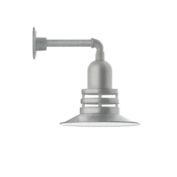 Our outdoor wall lights, inspired by 1920's industrial lighting, in straight arm styles are great for use as sign or awning lights, garage or barn lights. This vintage look works well indoors, as a wall sconce to illuminate an entry or hallway, stairway, or bathroom. The Atomic has a great retro feel and will lighten up any space. A clear glass jar to protect bulb from the elements is a standard feature. Collection: Atomic Finish: Painted Galvanized Glass: 12 inch Atomic Notes: Option (1) A19 LED and 2-Integrated 8W, 10W Width: 12.00" Height: 14.50" Length: 16.00" Weight: 8.00 lb Extension from Wall: 16.00" Canopy: 4.625" diameter Number of Bulbs: 1 Maximum Wattage: 100.00 W Bulb Type: A19 Bulb Base: E26 Medium Light Source: Incandescent or LED equivalent Dimmable Voltage: 120.00 V Country of Origin: US Safety Listing: UL/cUL Safety Rating: Wet Dark Sky LED Manufacturer Warranty: 1-year limited warranty on the fixture.