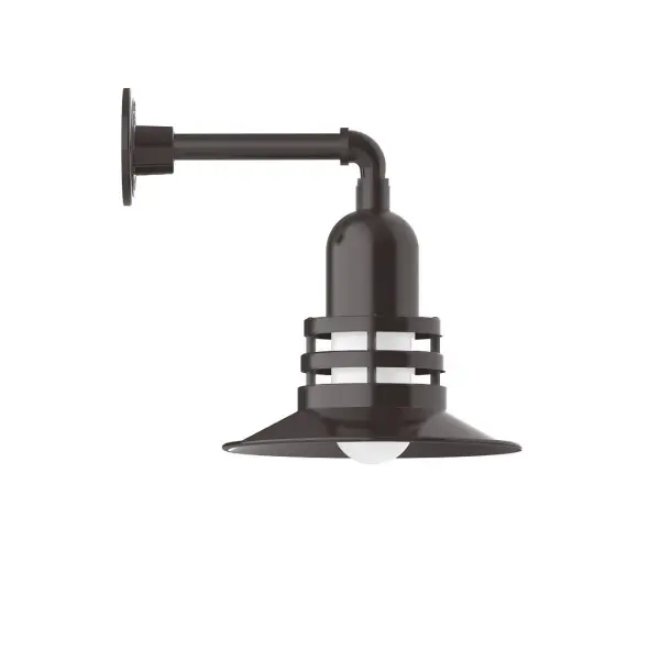 Our outdoor wall lights, inspired by 1920's industrial lighting, in straight arm styles are great for use as sign or awning lights, garage or barn lights. This vintage look works well indoors, as a wall sconce to illuminate an entry or hallway, stairway, or bathroom. The Atomic has a great retro feel and will lighten up any space. A clear glass jar to protect bulb from the elements is a standard feature. Collection: Atomic Finish: Architectural Bronze Glass: 12 inch Atomic Notes: Option (1) A19 LED and 2-Integrated 8W, 10W Width: 12.00" Height: 14.50" Length: 16.00" Weight: 8.00 lb Extension from Wall: 16.00" Canopy: 4.625" diameter Number of Bulbs: 1 Maximum Wattage: 100.00 W Bulb Type: A19 Bulb Base: E26 Medium Light Source: Incandescent or LED equivalent Dimmable Voltage: 120.00 V Country of Origin: US Safety Listing: UL/cUL Safety Rating: Wet Dark Sky LED Manufacturer Warranty: 1-year limited warranty on the fixture.