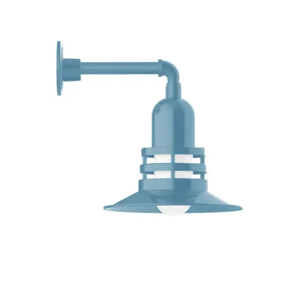 Our outdoor wall lights, inspired by 1920's industrial lighting, in straight arm styles are great for use as sign or awning lights, garage or barn lights. This vintage look works well indoors, as a wall sconce to illuminate an entry or hallway, stairway, or bathroom. The Atomic has a great retro feel and will lighten up any space. A clear glass jar to protect bulb from the elements is a standard feature. Collection: Atomic Finish: Light Blue Glass: 12 inch Atomic Notes: Option (1) A19 LED and 2-Integrated 8W, 10W Width: 12.00" Height: 14.50" Length: 16.00" Weight: 8.00 lb Extension from Wall: 16.00" Canopy: 4.625" diameter Number of Bulbs: 1 Maximum Wattage: 100.00 W Bulb Type: A19 Bulb Base: E26 Medium Light Source: Incandescent or LED equivalent Dimmable Voltage: 120.00 V Country of Origin: US Safety Listing: UL/cUL Safety Rating: Wet Dark Sky LED Manufacturer Warranty: 1-year limited warranty on the fixture.