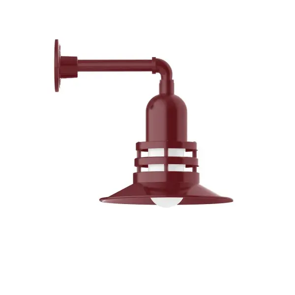 Our outdoor wall lights, inspired by 1920's industrial lighting, in straight arm styles are great for use as sign or awning lights, garage or barn lights. This vintage look works well indoors, as a wall sconce to illuminate an entry or hallway, stairway, or bathroom. The Atomic has a great retro feel and will lighten up any space. A clear glass jar to protect bulb from the elements is a standard feature. Collection: Atomic Finish: Barn Red Glass: 12 inch Atomic Notes: Option (1) A19 LED and 2-Integrated 8W, 10W Width: 12.00" Height: 14.50" Length: 16.00" Weight: 8.00 lb Extension from Wall: 16.00" Canopy: 4.625" diameter Number of Bulbs: 1 Maximum Wattage: 100.00 W Bulb Type: A19 Bulb Base: E26 Medium Light Source: Incandescent or LED equivalent Dimmable Voltage: 120.00 V Country of Origin: US Safety Listing: UL/cUL Safety Rating: Wet Dark Sky LED Manufacturer Warranty: 1-year limited warranty on the fixture.