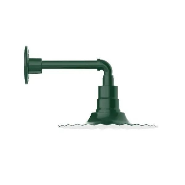 Our outdoor wall lights, inspired by 1920's industrial lighting, in straight arm styles are great for use as sign or awning lights, garage or barn lights. This vintage look works well indoors, as a wall sconce to illuminate an entry or hallway, stairway, or bathroom. The Radial Shade is fluted to allow water to flow off its surface, suitable for seaside and non-seaside locales. Collection: Radial Finish: Forest Green Glass: 12 inch Radial Notes: Option (1) A19 LED and 2-Integrated 8W, 10W Width: 12.00" Height: 9.88" Length: 16.00" Weight: 8.00 lb Extension from Wall: 16.00" Canopy: 4.625" diameter Number of Bulbs: 1 Maximum Wattage: 100.00 W Bulb Type: A19 Bulb Base: E26 Medium Light Source: Incandescent or LED equivalent Dimmable Voltage: 120.00 V Country of Origin: US Safety Listing: UL/cUL Safety Rating: Wet Dark Sky LED Manufacturer Warranty: 1-year limited warranty on the fixture.